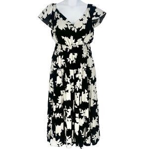 Rachel Zoe Black and Cream Floral Flutter Sleeve Tiered Maxi Dress Size XL